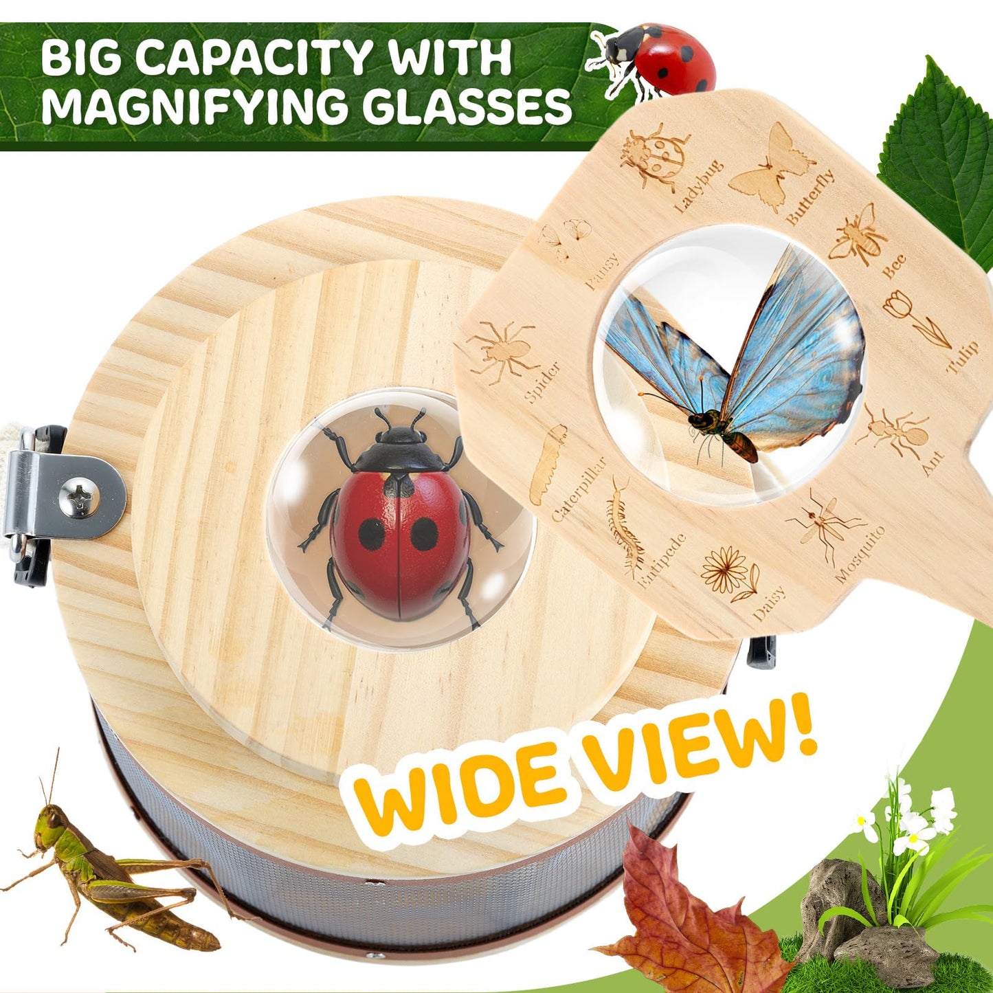 GAGAKU Kids Bug Catching Kit with Backpack - 8 in 1 Outdoor Explorer Set with Net, Wooden Box & Magnifying Glass, STEM Science Educational Toys Gifts for Boys Girls Ages 4-12