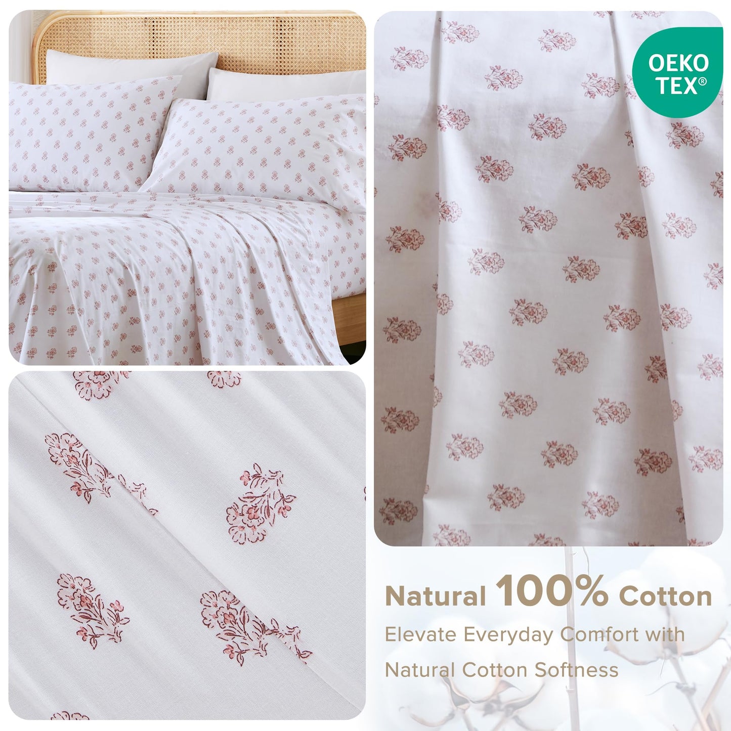Comfort Spaces 100% Cotton Sheets King, Breathable, Naturally Cool Cotton Sheets, Soft Cotton Bed Sheets with 14" Elastic Pocket Fits up to 16" Mattress, All Seasons Sheet Set, Floral Pink 4 Piece