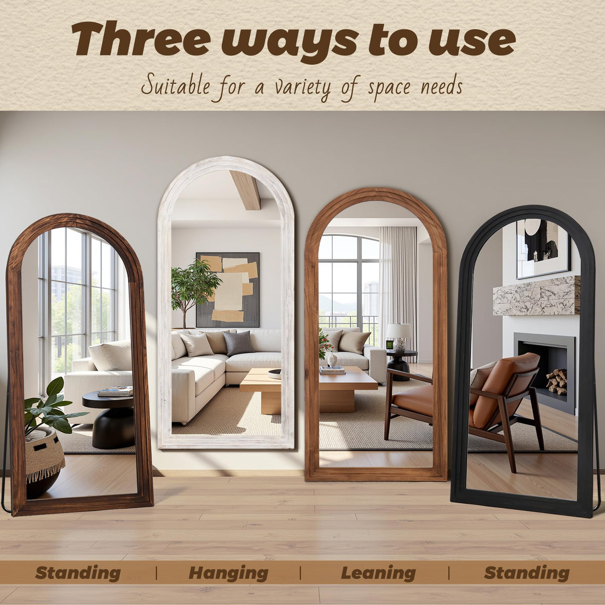 Antok Full Length Mirror with Solid Wood Frame, 76"×34" Wall Mounted Oversized Floor Mirror with Stand, Leaning Standing Hanging for Bedroom Living Room Entryway, Walnut, Arched Syle