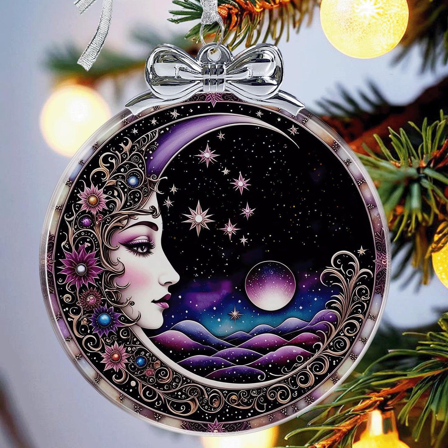Sun and Moon Christmas Ornament Crystal Glass with Gift Box- Hanging Ornaments for Christmas Tree Xmas Decorations, Holiday Keepsake Present Exchange Ideas