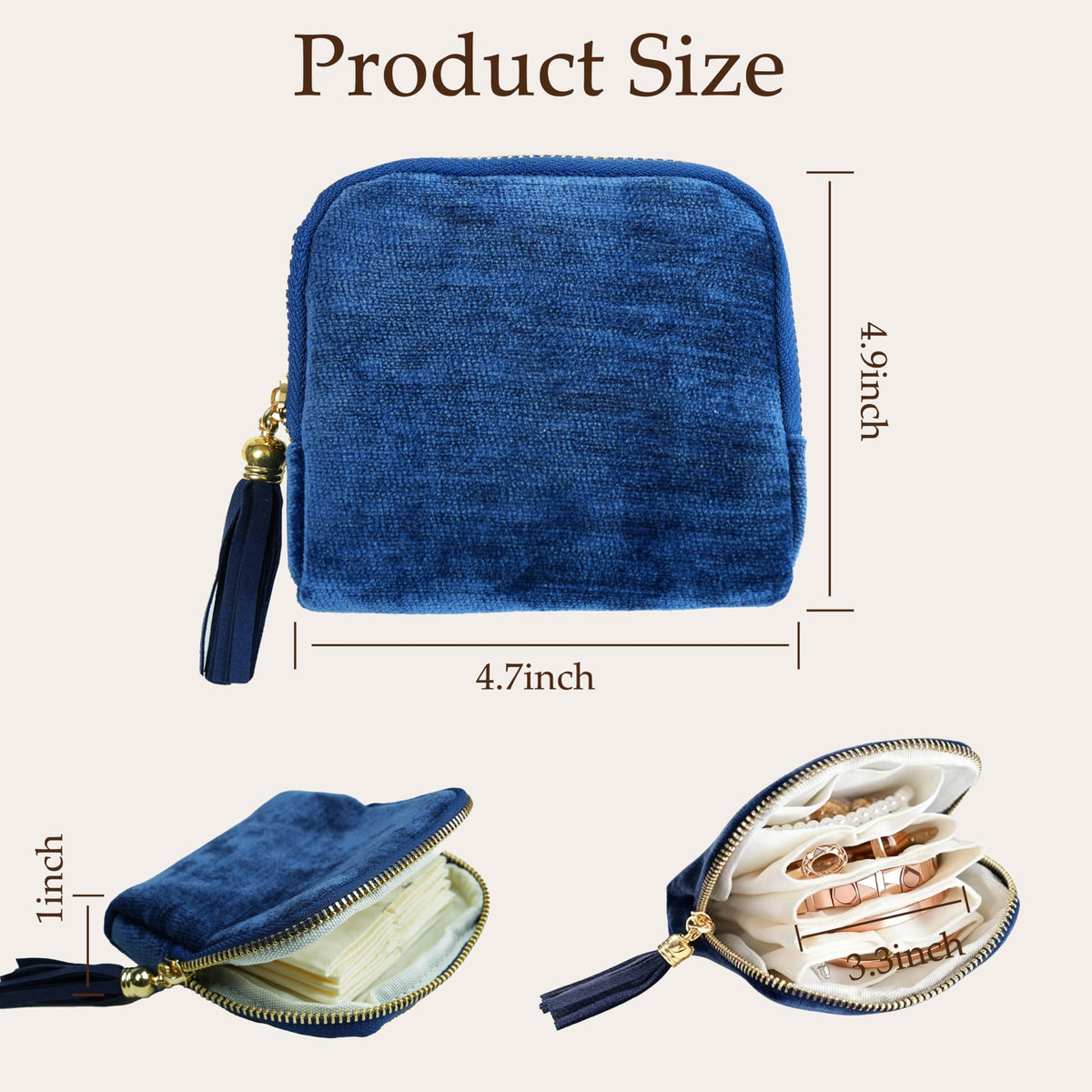 Travel Jewelry Case, Portable Jewelry Box with Organizer Pouches, Tassel Zipper, Small Storage Bag for Necklaces, Bracelets, Rings, Earrings and Gemstones, Valentines Gift for Women（Sapphire Blue）