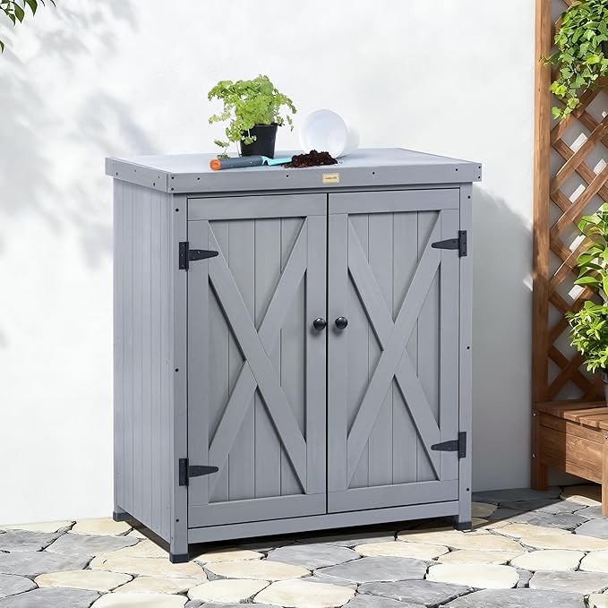 HABAU Outdoor Storage Cabinets Weatherproof for Patio, Garden Work Bench with Shelves & Metal Tabletop, Wooden Potting Table Workstation