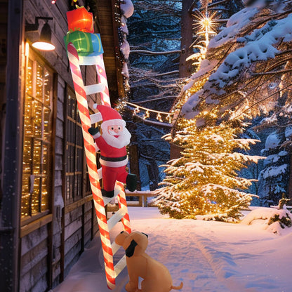 9 FT Hanging Christmas Inflatables Decorations with Led Light, Santa Claus Chased by A Dog Climbing Ladder, Funny Blow up Christmas Ornaments, Xmas Holiday Decor for Party Outdoor Yard Porch Roof