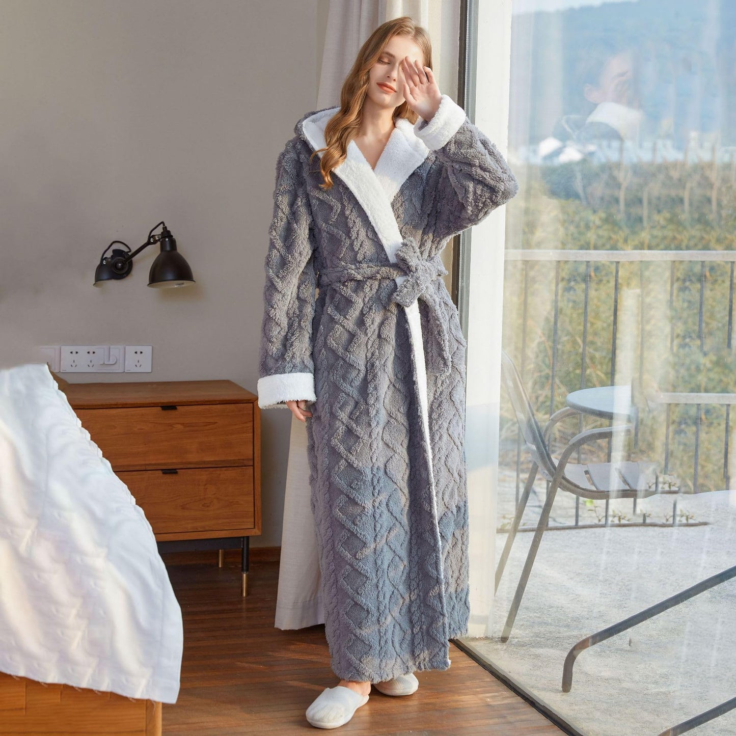 Oksun Womens Long Dressing Gown Robe Full Length Ladies Fluffy Plus Size Fleece Hooded Winter Warm Bathrobe (Grey,XL)