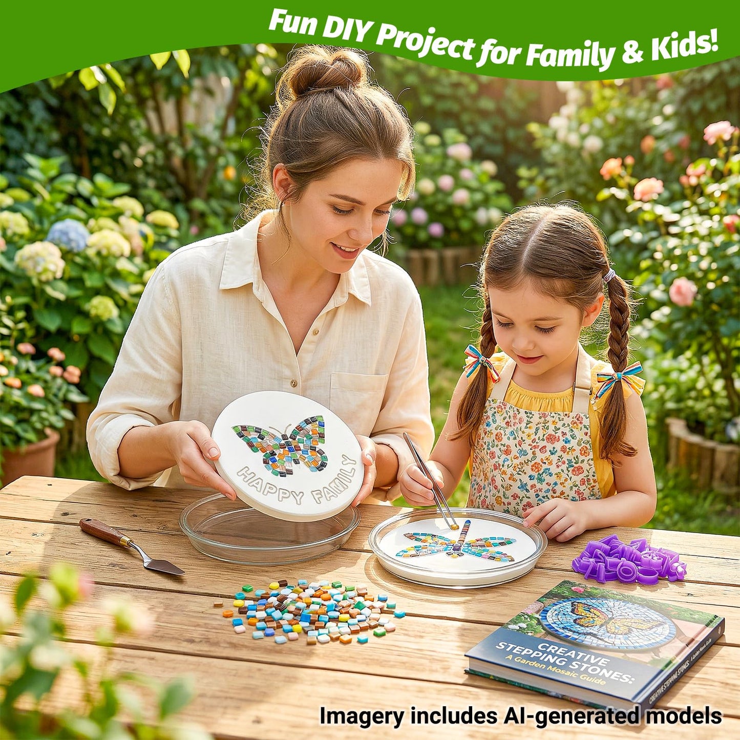 U0U 10PCS Stepping Stone Kit Includes Round Cement Molds, Mosaic Tiles and Carving Tools,DIY Garden Stepping Stone kit for Kids,Family,Outdoor Walkways Pavement Decoration (No Concrete Mix)