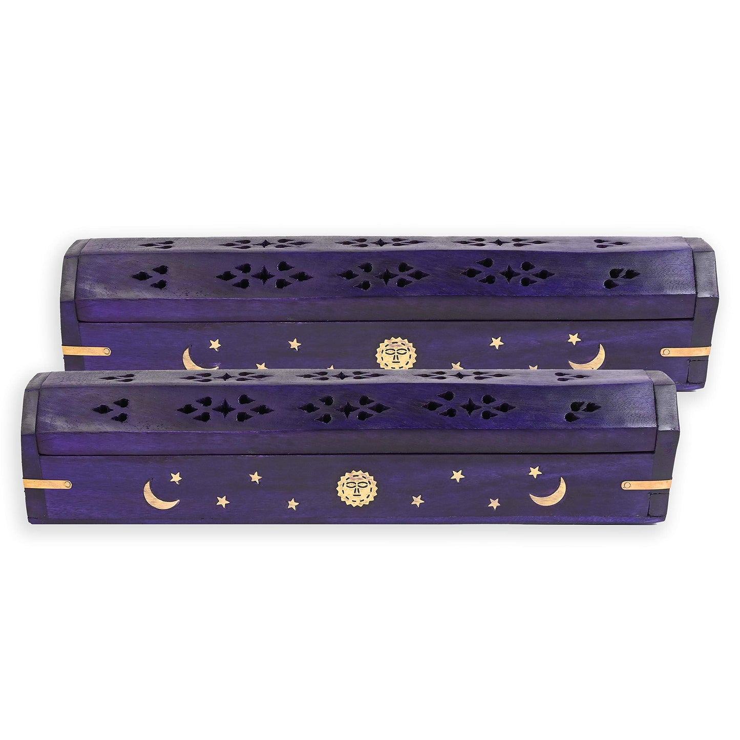 Incense Garden Pack of 2 Incense Stick Holder - Coffin Style - Wood Incense Stick Burner with Sun Moon Star Inlays Handmade with Brass Inlays (Purple)