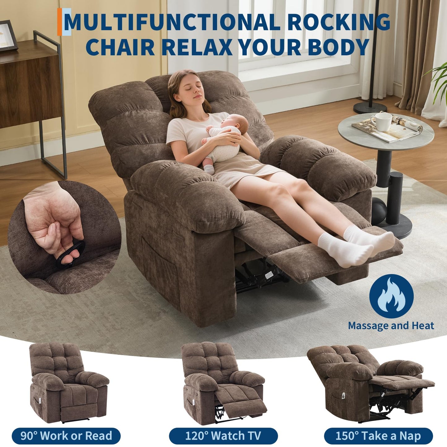 Oversized Recliner Rocking Chair - Wide Overstuffed Recliner with Massage & Heat, Lumbar Support, Side Pockets, Remote Control, Upholstery Soft Sofa Chair for Living Room, Bedroom - Light Brown