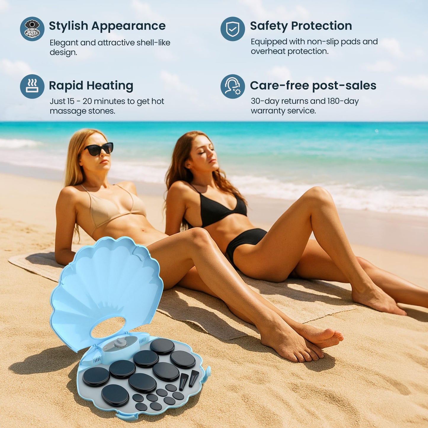 StateRiver Shell Hot Stones Massage Set, 18-Piece Basalt Hot Stones with Heater Kit, Featuring an Elegant Seashell Design for Spa Use. Perfect for Relaxation, Healing, and Pain Relief. （Blue）