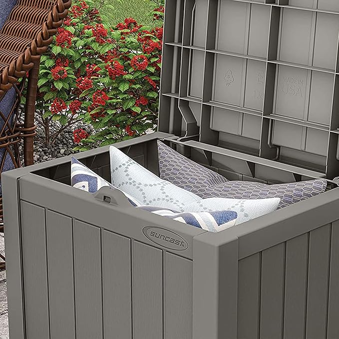 Suncast Outdoor Storage Box - 22 Gallon Stone Gray Resin Outdoor Deck Box with Seat, Weatherproof Patio Storage Bin Container for Keeping Cushions, Tools, & Towels for Pool, Yard, & Garden
