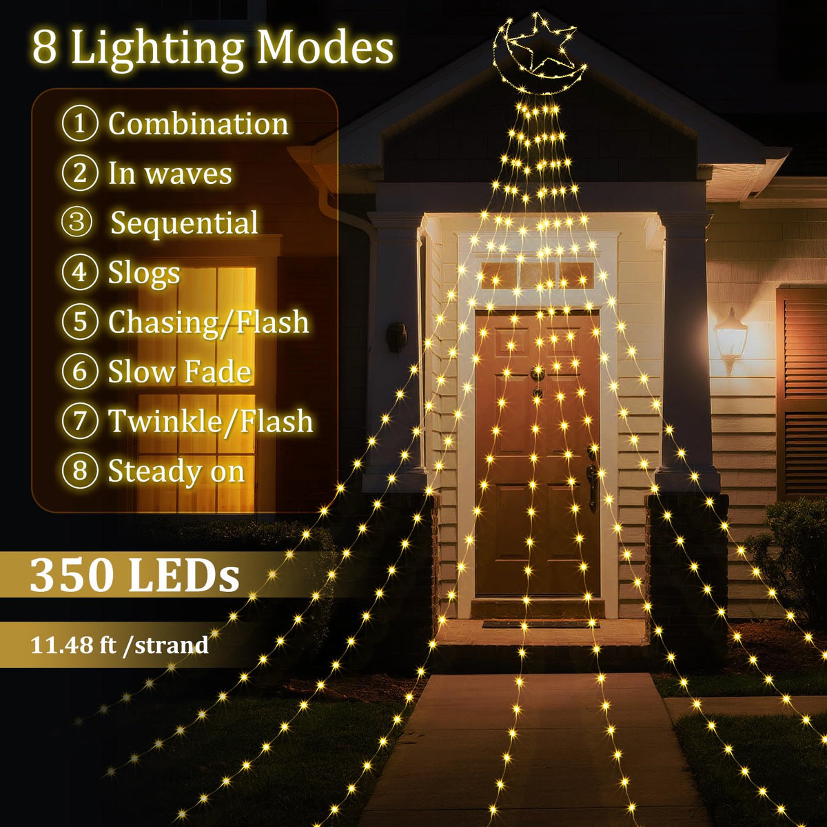 Glooglitter Ramadan Mubarak Eid Moon Star Lights Outdoor Decor 11.5ft Warm LED Waterfall Lights Extension Cord USB Powered for Tree Outside Yard Garden Patio Wall Porch Decorations