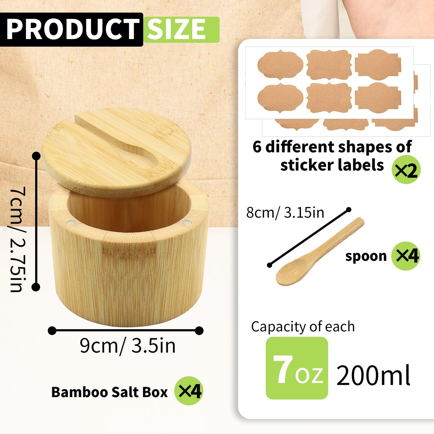 YITOBA 4 Pcs Bamboo Salt Containers for Countertop, Salt and Pepper Bowls with Magnetic Swivel Lid & Spoon, Salt Shakers for Kitchen, Spices Storage Jars, Sugar Holder (4 Pack)