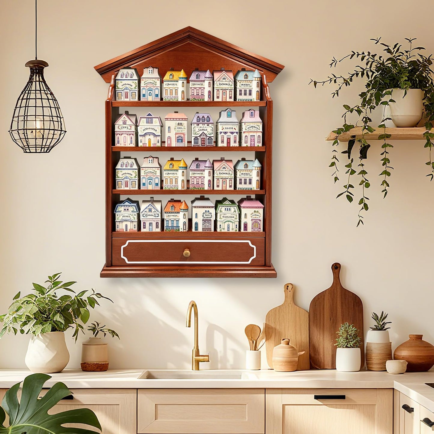 Yudlto Vintage Wooden Spice Rack with Drawer and 4 Shelves, Wall Mounted Spice Village Display Shelf for Kitchen Storage, Holds 24 Jars, 22 x 17 x 4 Inches, Rack Only