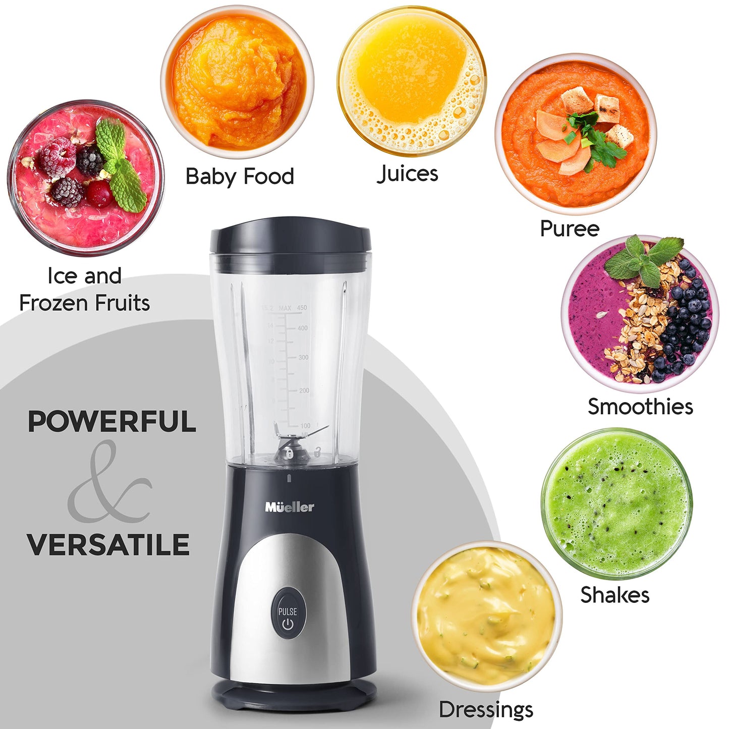Mueller Smoothie Blender for Smoothies - Personal Blender for Shakes, Frozen Drinks, Baby Food & More, 15oz Travel Cup and Lid, Durable Stainless Steel Blades for Powerful Blending Performance, Black