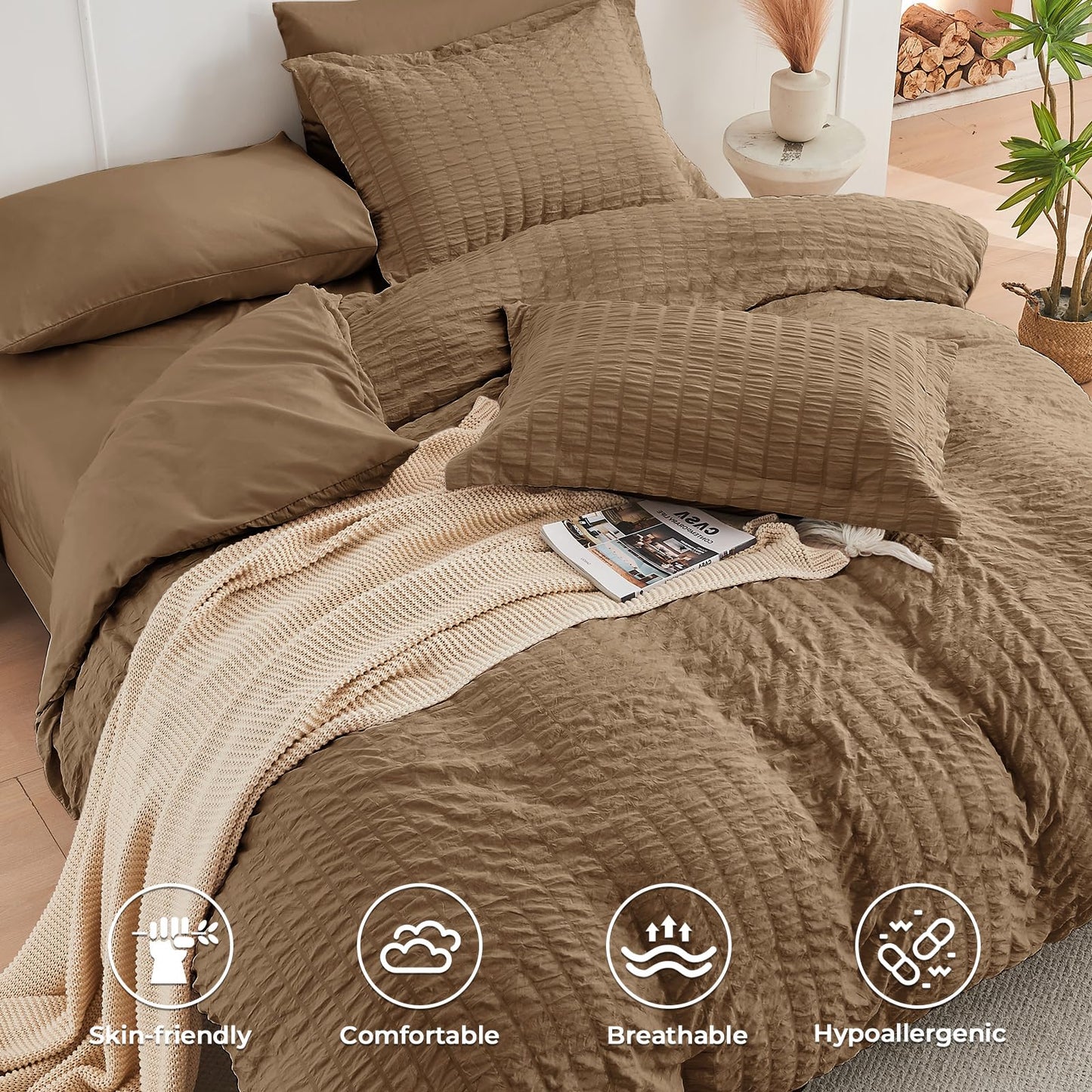 HYMOKEGE Brown Full Size Comforter Sets Seersucker 7 Pieces, All Season Luxury Bed in a Bag for Bedroom, Bedding Set with Comforter, Sheets, Pillowcases & Shams