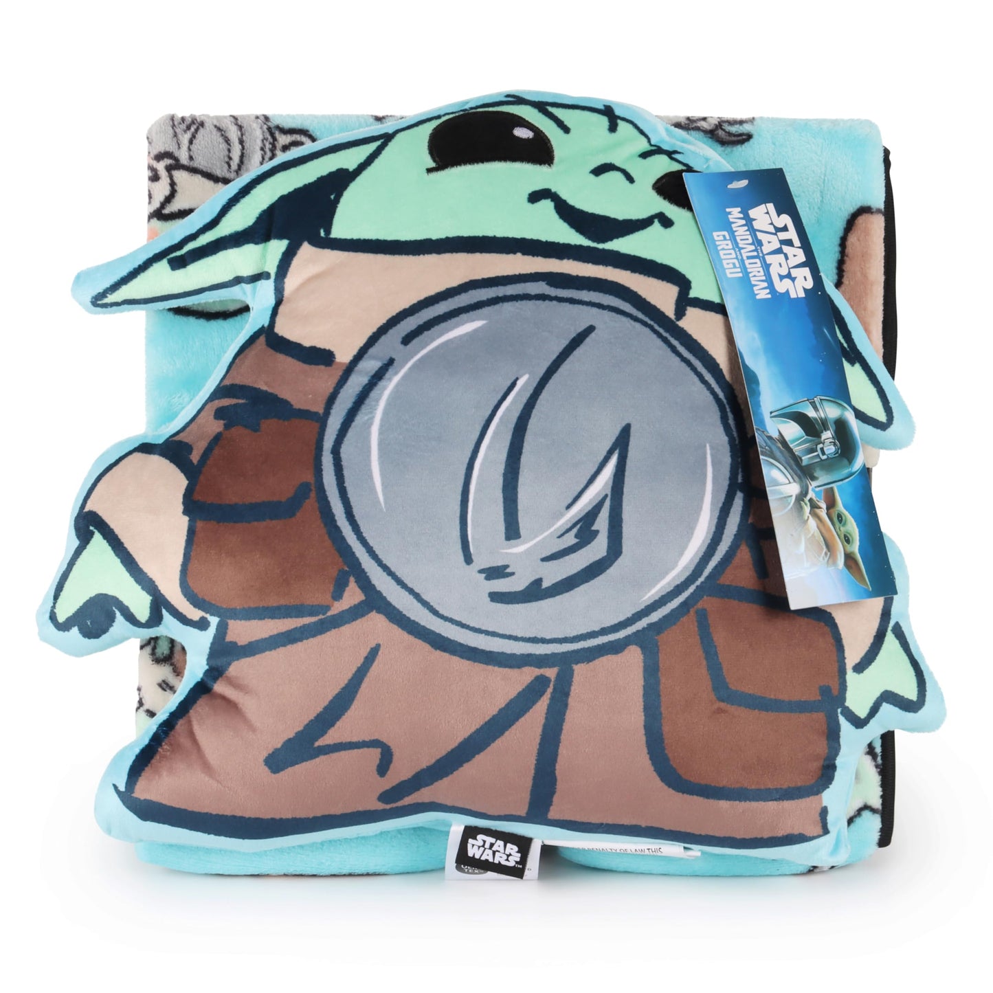 Jay Franco Kids Nogginz Set – 12" Inches Nogginz Pillow & 40" x 50" Inches Cozy Plush Throw Blanket, Ultra-Soft Character Nap Set for Travel, Bedroom & Couch Décor, Multi - Star Wars Mandalorian