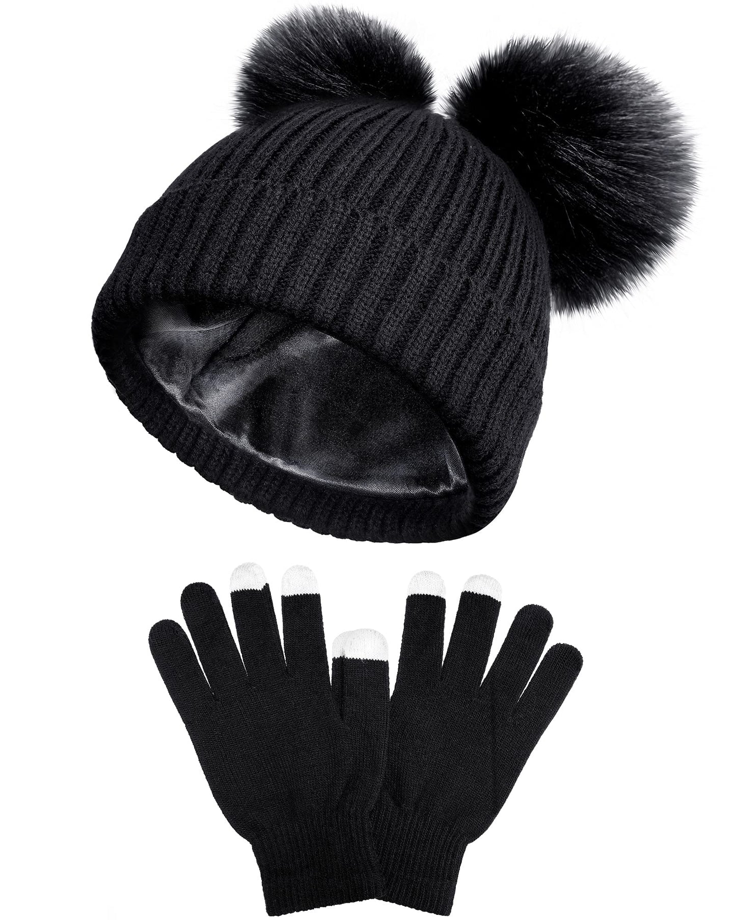 SATINIOR 2 Pieces Satin Lined Winter Hats Women Knitted Pompom Beanies Hat Touchscreen Gloves Set for Women(Black)