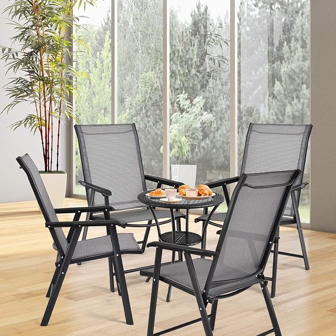 Giantex Set of 4 Folding Patio Chairs, Outdoor Portable Dining Chairs for Garden Camping Poolside Beach Deck Lawn, 4-Pack Sling Armchairs, Metal Frame, Grey