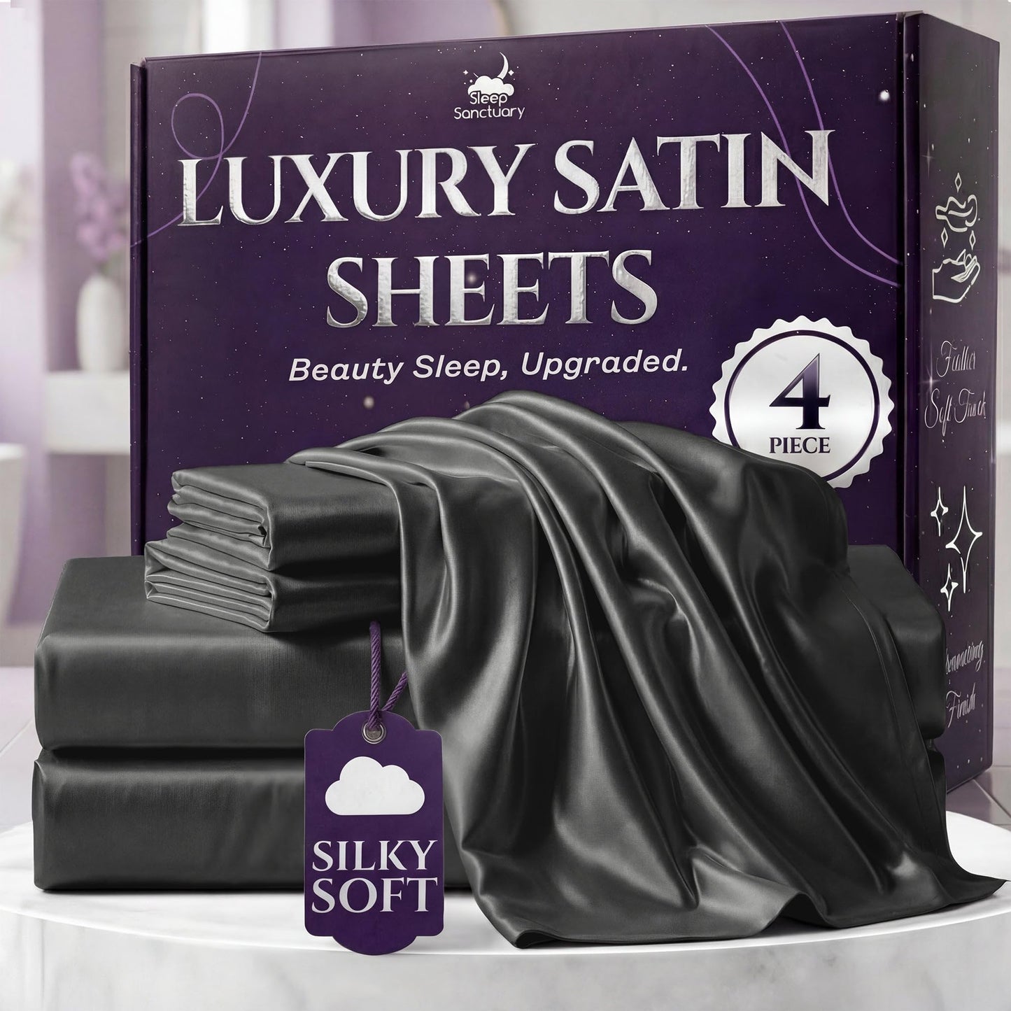 SLEEP SANCTUARY Satin Sheets Queen Size – 4 Piece Luxury Silky Bed Set, Softer Than Silk, 15" Deep Pocket, Cooling & Wrinkle-Free, Moisture-Wicking & Breathable for Hair & Skin (Stone Grey)