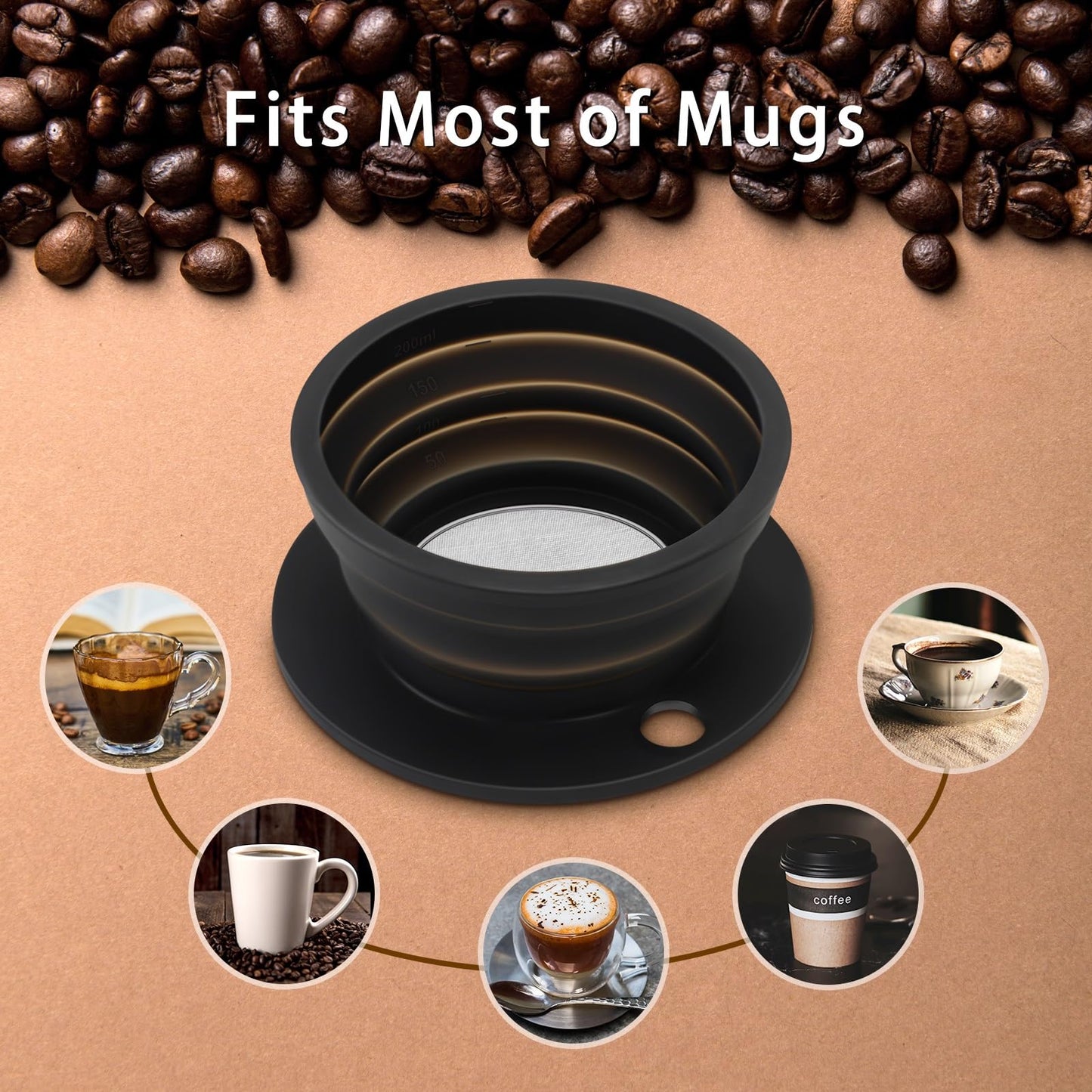 2-Packs Travel Collapsible Paperless Pour Over Coffee Dripper Kit with Stainless Steel Filter, Travel Pour Over Coffee Maker Camping, Silicone Coffee Strainer Pour Over Single Cup (Brown+Black)