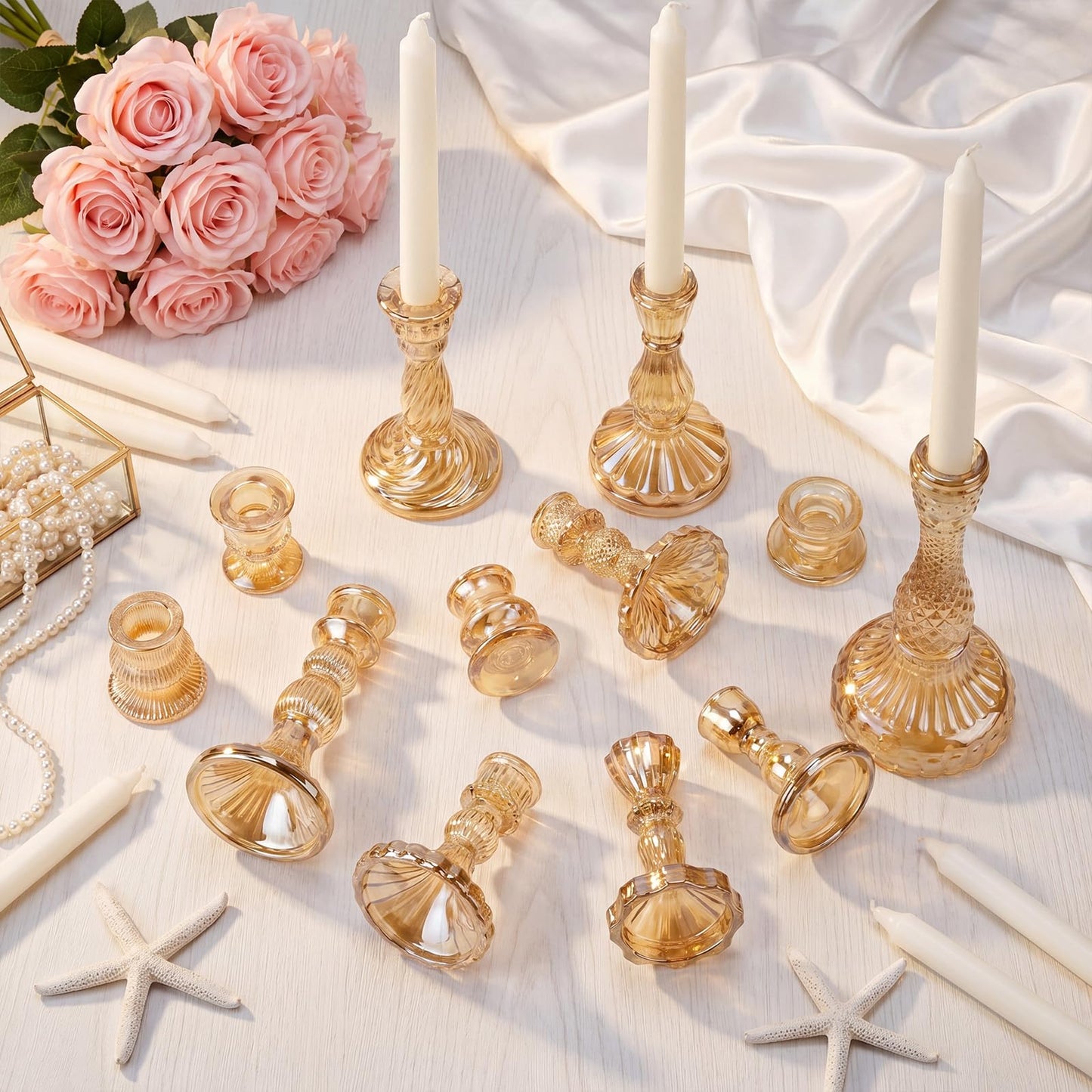 Mumufy 12 Pcs Glass Crystal Taper Candle Holders Gold Glass Candlestick Holder Fit 0.8 Inch Gold Ribbed Taper Candlestick Holders Centerpiece Table Wedding Party