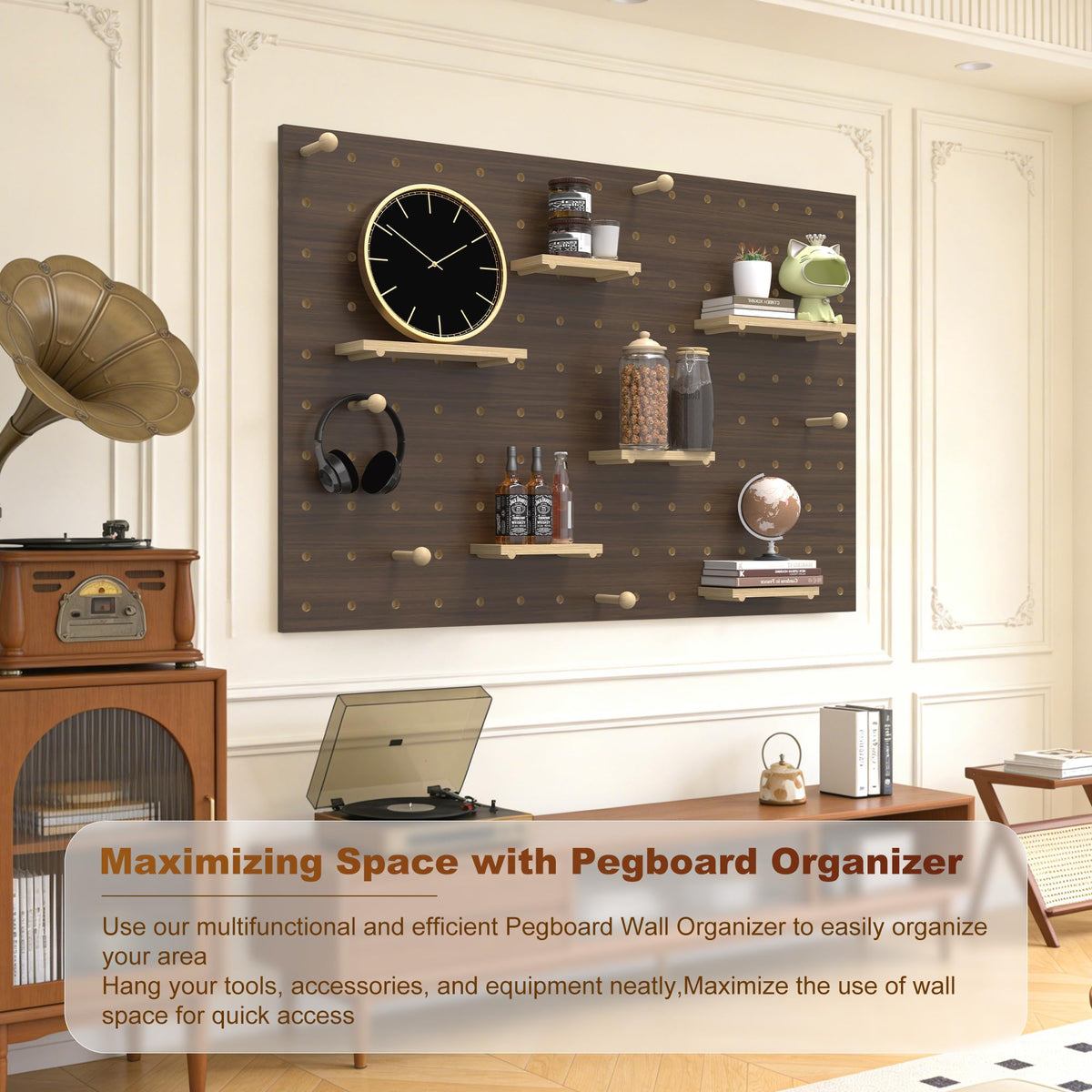 Wooden Pegboard Wall Organizer Kit, Modular DIY Peg Board Panels with Hooks, Pegboard Storage System Combination Set for Garage Office Craft Room Bedroom Kitchen, Living Room (Brown, 80X120CM)