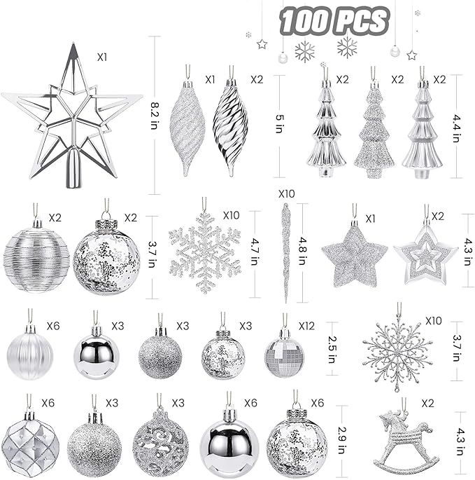SHareconn 100pcs Christmas Tree Decorations Ornaments Set, Shatterproof Plastic Baubles Decorative Balls for Xmas Tree Decor Holiday Wedding Party, Sliver