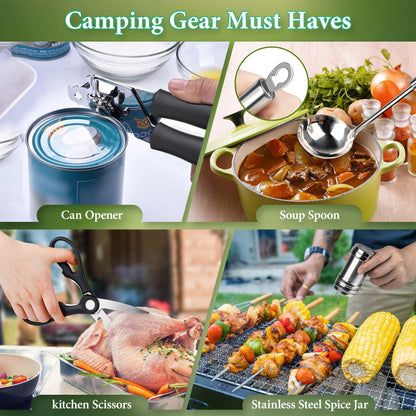 Camping Cookware Set, Camping Kitchen Gear, Camp Utensil Set Stainless Steel Grill Tools, Camping Cooking BBQ Equipment Kit for Travel Tent Picnic Portable Kitchen Essentials Accessories
