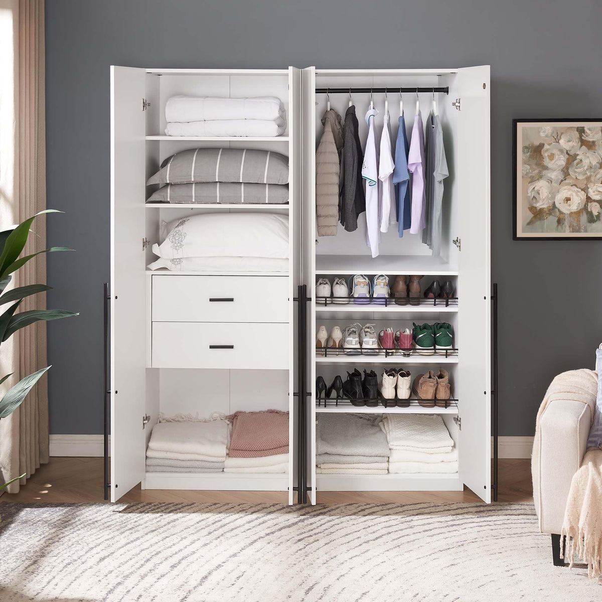Manhattan Comfort Lee Freestanding Closet | Space-Saving Storage Cabinet with 4 Shelves, 1 Hanging Rod, 2 Drawers, 3 Shoe Shelves & 1 Large Storage Area | No Tool Assembly, 2 Piece Set, White