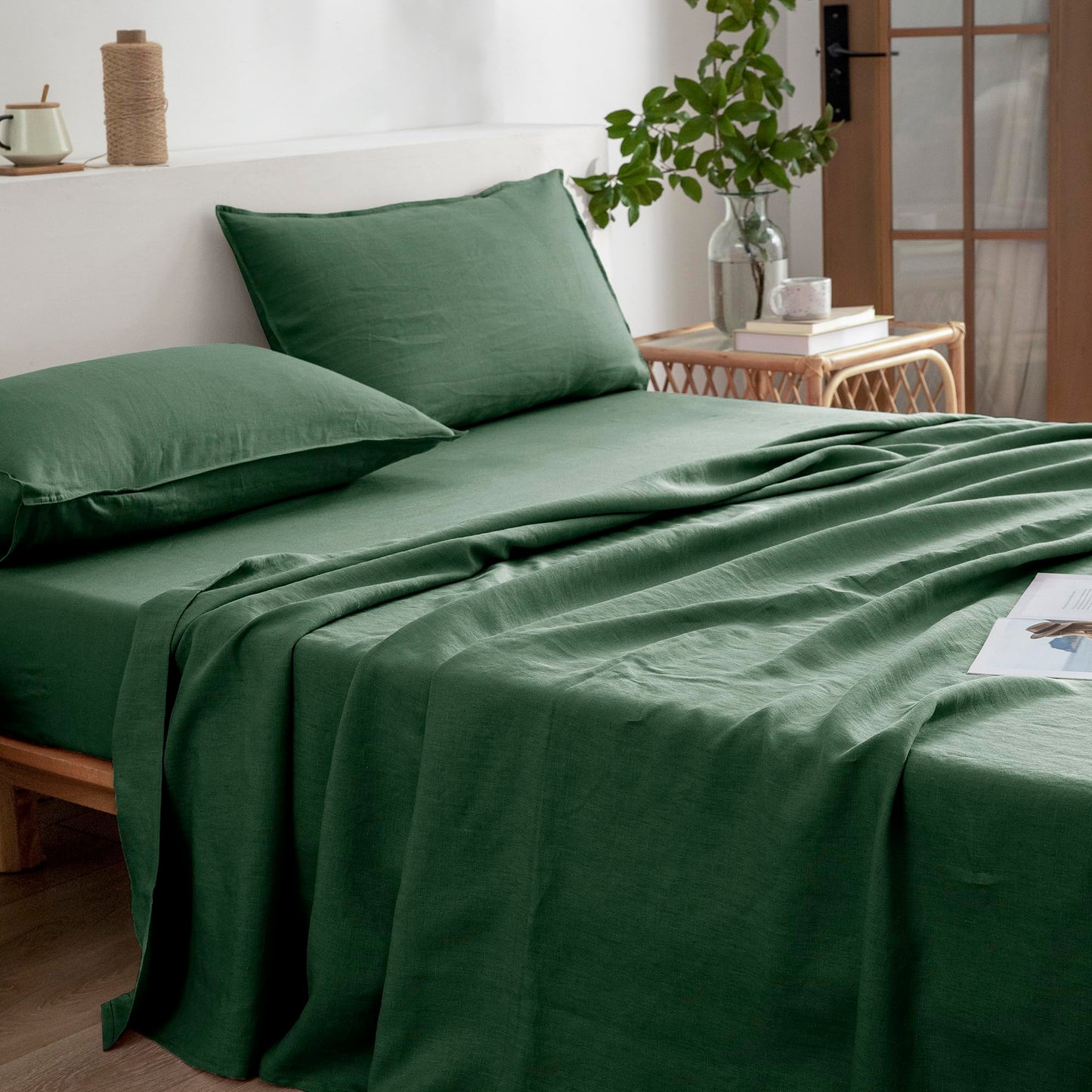 EVERLY Linen Twin Size Sheets Set,100% French Washed Pure Linen Bed Sheets Deep Pocket Sheets,3Pieces(1Flat Sheet,1Fitted Sheet,1Pillowcase) Suitable for Hot Sleepers,180GSM Dark Green Bedding Set