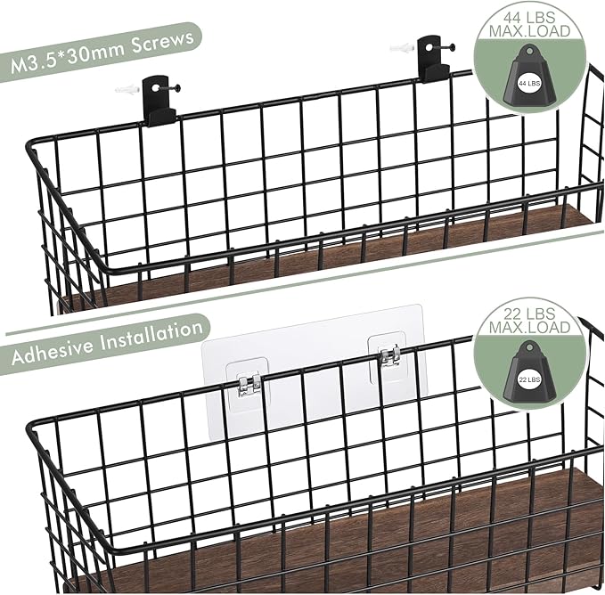 Wall Hanging Baskets 3 Pack, Diversified Wire Basket Shelves of Wooden Style