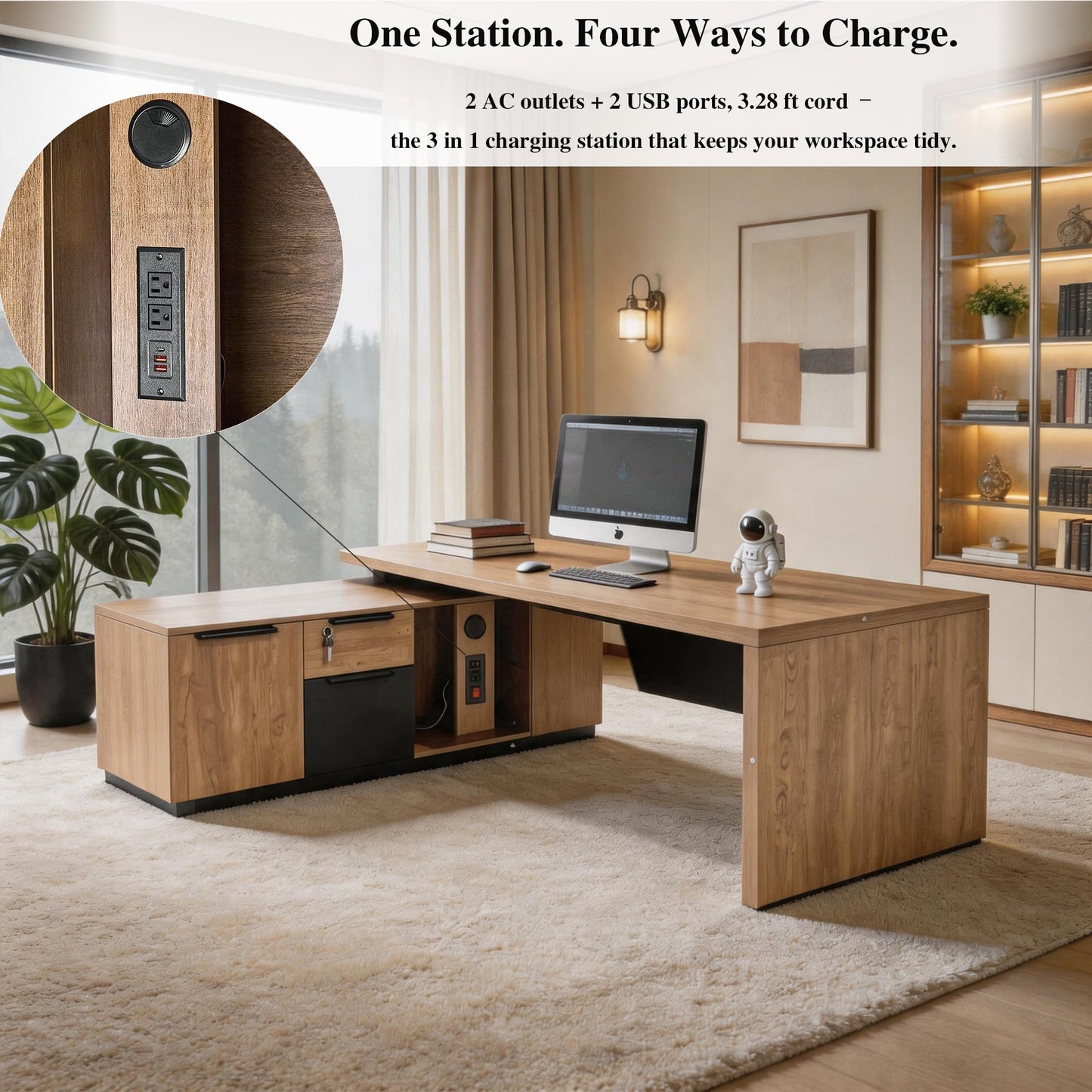 ONNAHOMEStlyle L Shaped Desk with File Drawer, Solid Wood Large Executive Desk for Home Office, Adjustable Width (70.86" to 78.7"), Storage Cabinet & 2 Drawers, Left Return