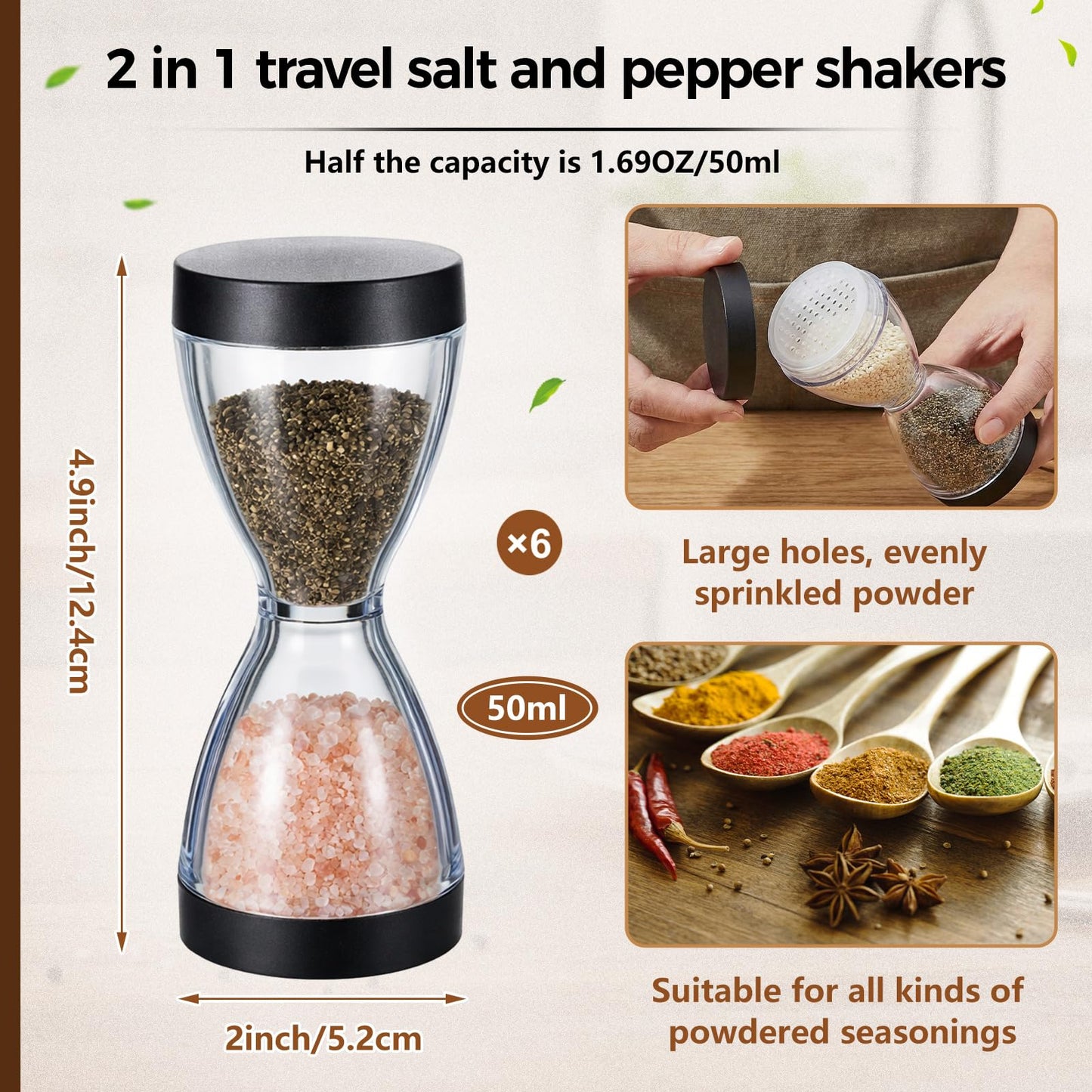 LemonRoad 6 Pcs 2 in 1 Travel Salt and Pepper Shaker for Lunch Box Portable Mini Split Compartment Seasoning Bottle Outdoor Salt Container Secure Lid for Camping Rv Backpack BBQ