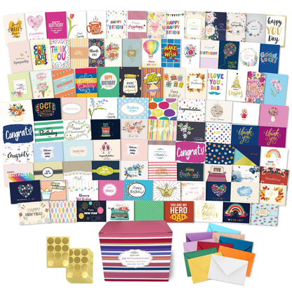 Janvale 100 All Occasion Cards Assortment Box with Color Envelopes，All Occasion Cards Set with Greeting Inside, Large 5 x 7 inch Cards with Stickers and Dividers