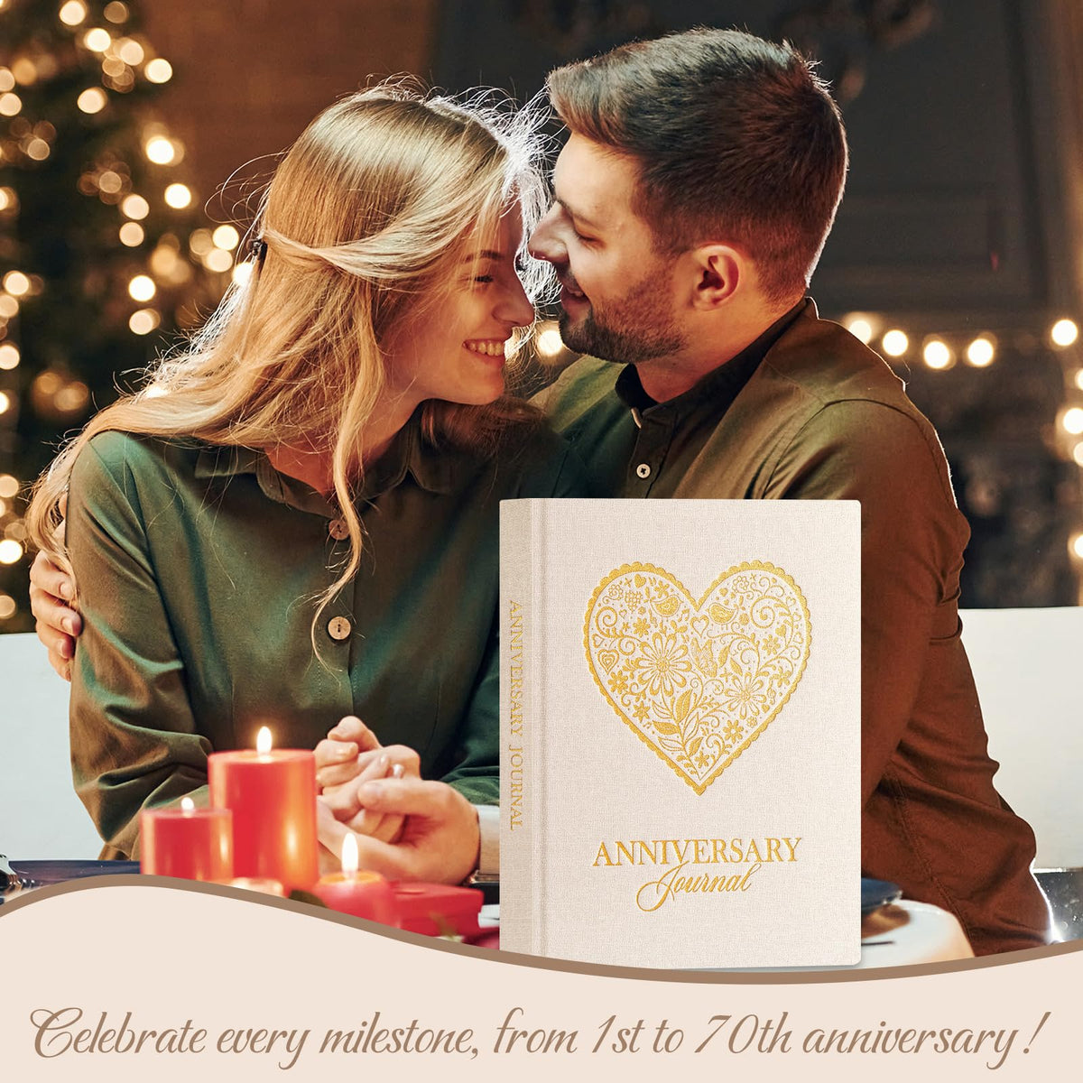 Lanpn Wedding Anniversary Journal Book, Linen Dating 1st to 70th Couple Memory Book Wedding Scrapbook, 190 Pages Love Stories Notebook Newlywed Marriage Anniversary Bridal Shower Gift, Beige