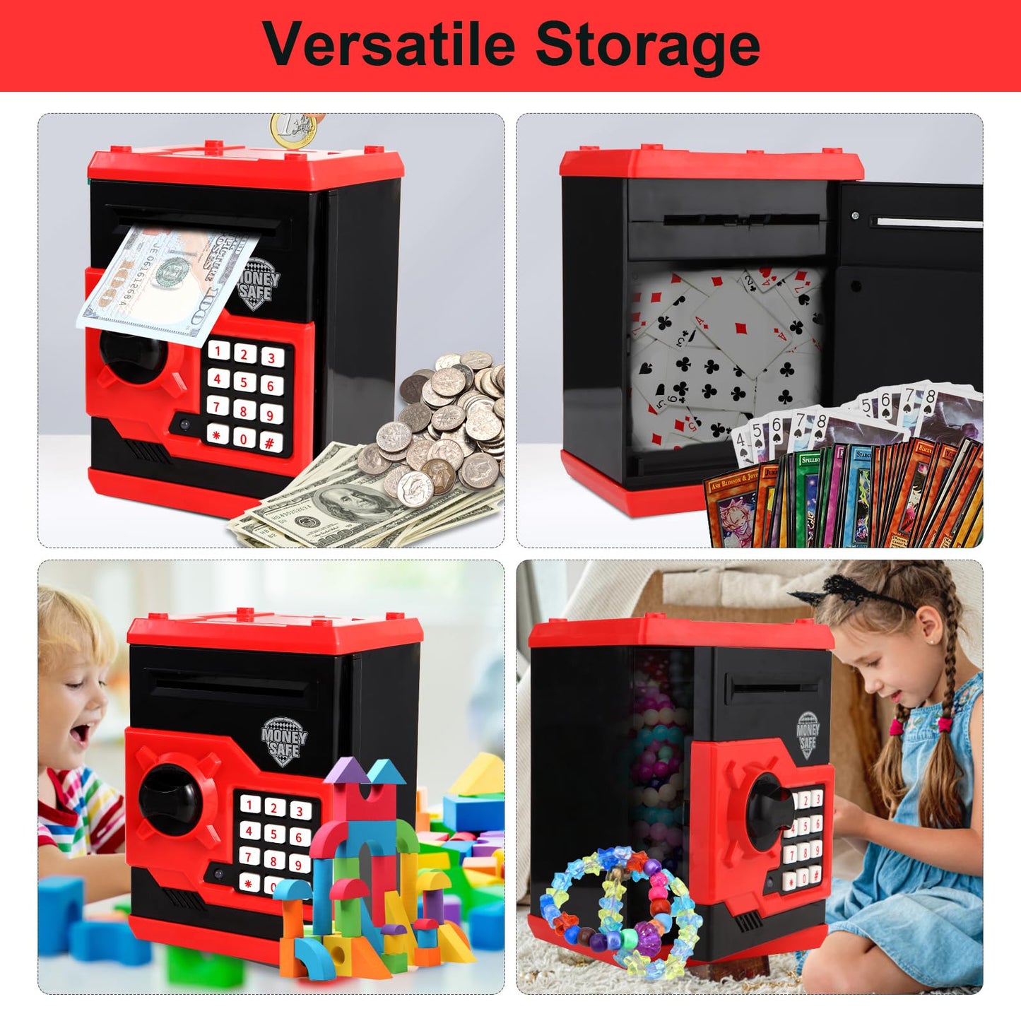 Pup Go ATM Money Box for Girls, Auto Scroll Paper, Password Code Lock Piggy Bank, Cash Coins Saving Box for Kids Age 3 4 5 6 7 8, Perfect Toy Birthday Gifts for Children(Red)