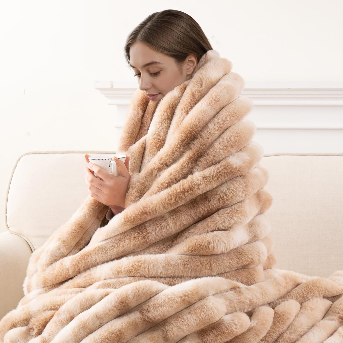 Battilo Beige Throw Blanket for Couch, Cozy Warm Plush Striped Rabbit Fur Throw Blanket for Bed, Super Soft Fuzzy Faux Fur Blanket for Living Room Bedroom, Home Decor & Gifts, 50"x60"
