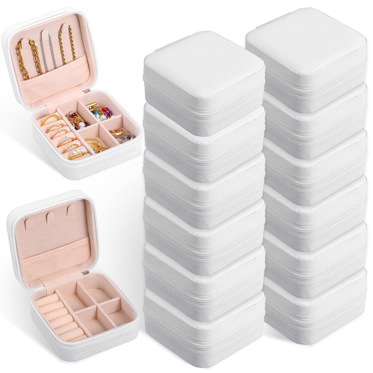 kenaeooe 12 Pack White Travel Jewelry Case, PU Leather Mini Jewelry Organizer Box, Portable Earring Storage Box for Women, Girls, Bridesmaid Gifts(3.94 x 3.94 x 1.97 Inches)