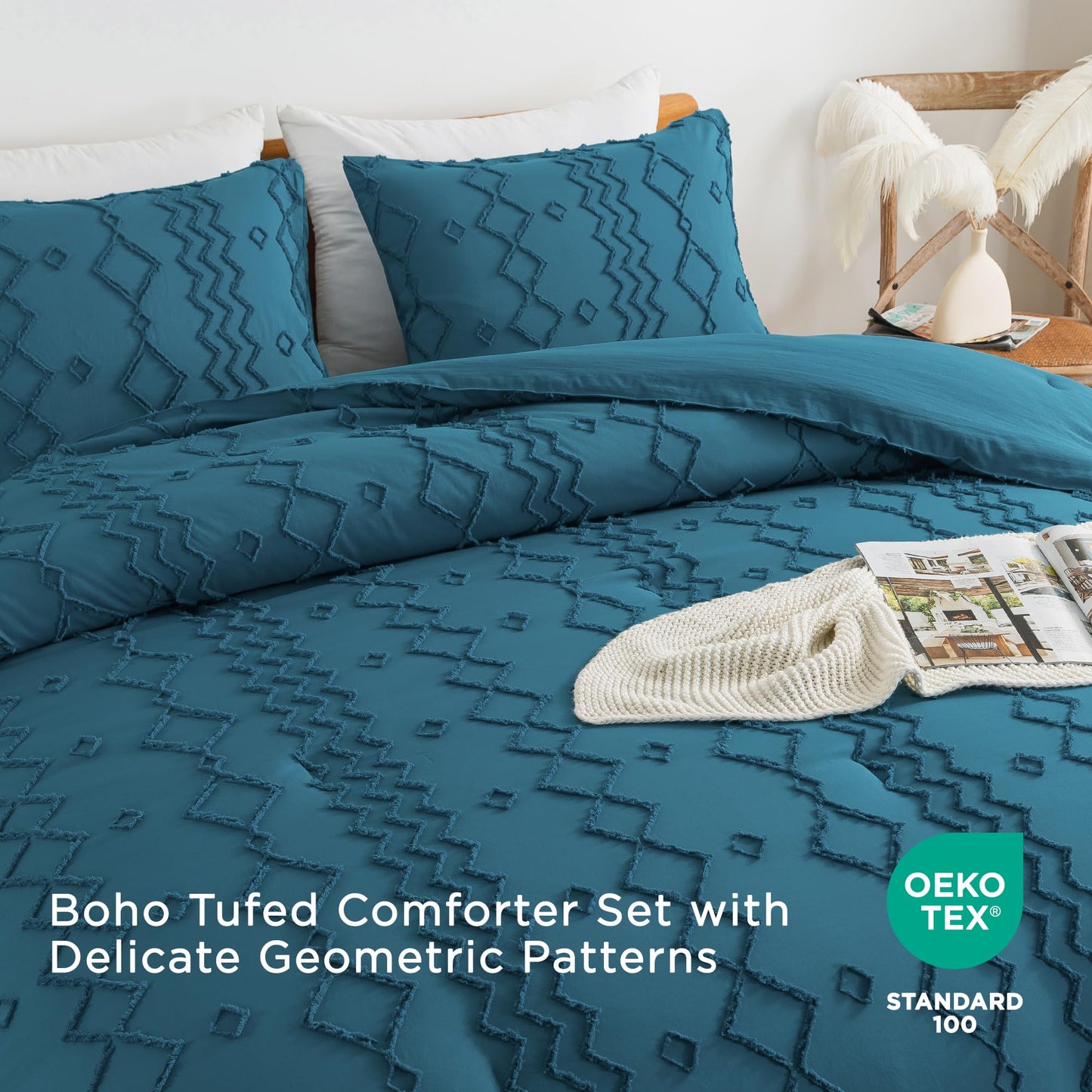 Andency Teal Tufted Comforter Set Queen(90x90Inch), 3 Pieces(1 Boho Comforter, 2 Pillowcases) Textured Farmhouse Bed, Soft Down Alternative Geometric Bedding Set