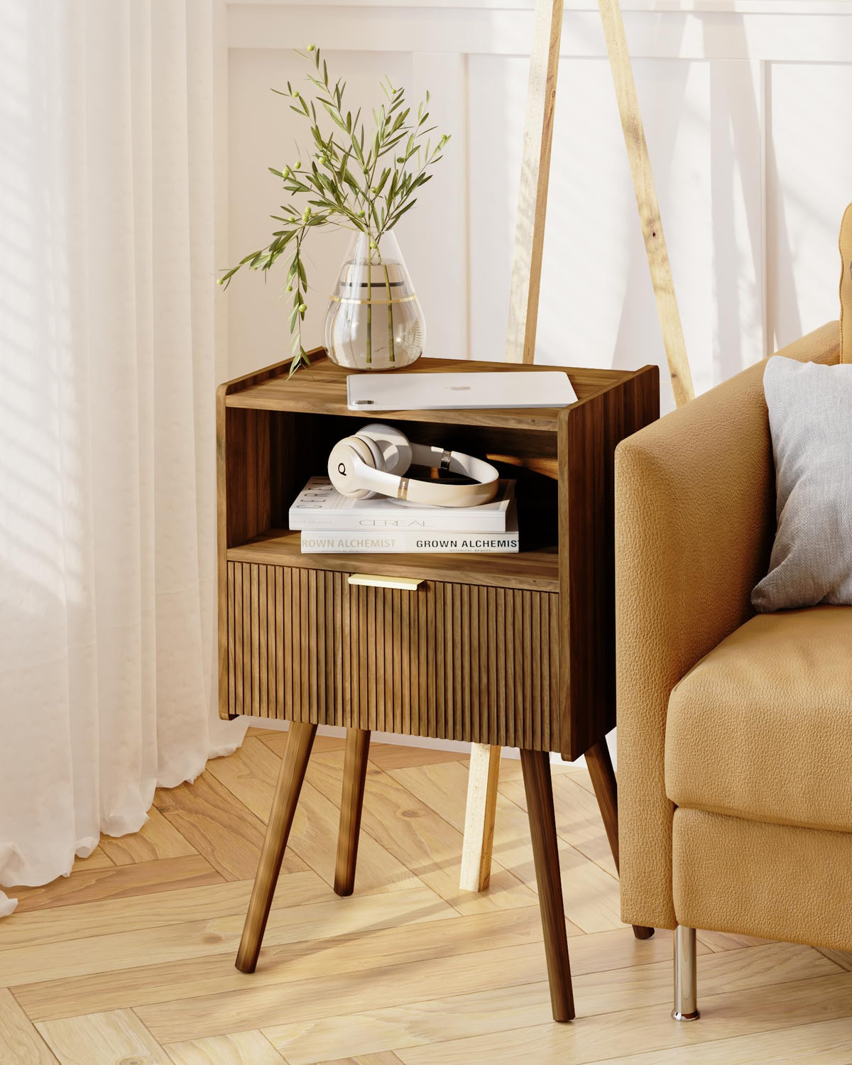 JOONEE Nightstand,Modern Bedside Table with Storage Drawer and Open Wood Shelf, for Living Room, Bedroom and Small Spaces, Accent Night Stand with Solid Wood Legs, Easy Assembly,Walnut Brown