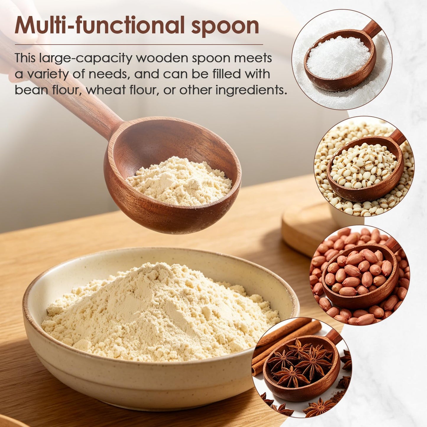 GALUBUBU Wooden Ladle, Large Wooden Scoop, Korean Style Solid Wood Serving Spoon for Bath Salt, Rice, Soup, Flour, Coffee Beans, Deep Jar Scoop for Kitchen, Sauna, Canisters
