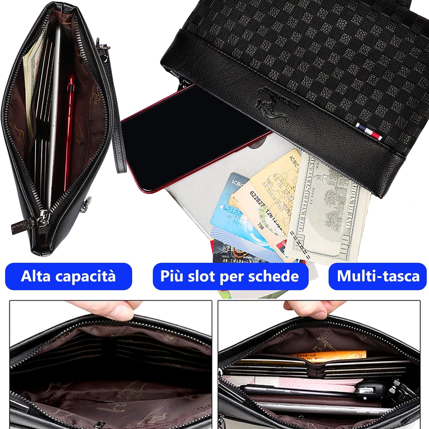 A-QMZL Men's Leather Clutch Bag Large Capacity Business Clutch Bags Wallet Card Slots Pockets with Zipper Wallets for Men with Wrist Strap Wrist Bag Work Travel Casual, Black, 26*17*3.5cm, Retro