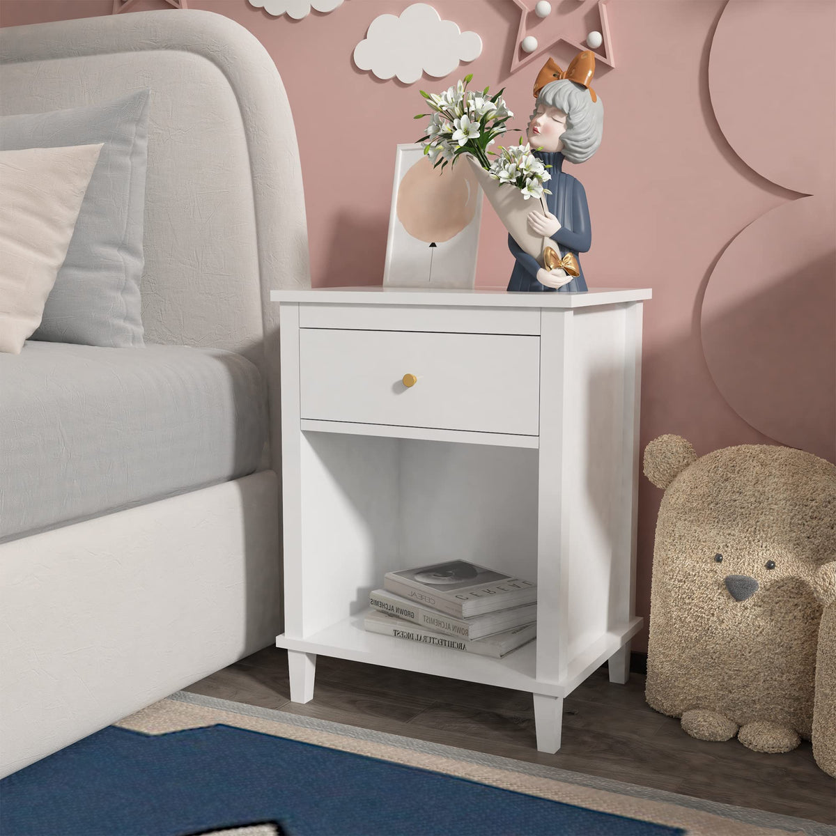 Nightstand with Drawer, 26.77''H Wooden Nightstand with Drawer & Open Storage Shelf, Modern Bedside Table for Kids, End Table for Living Room Bedroom, White
