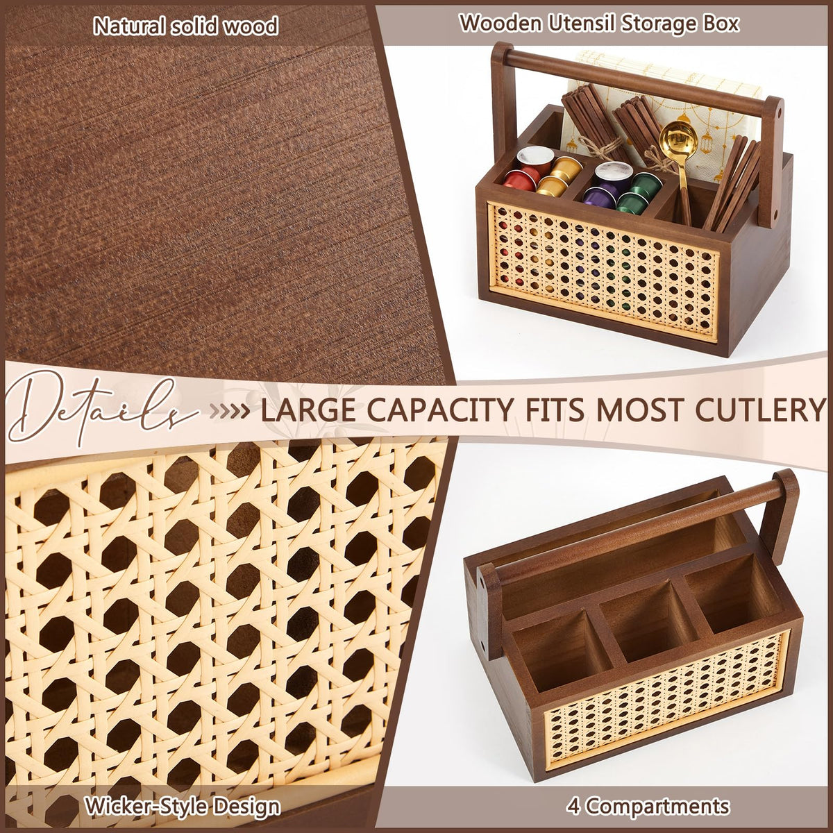 Mifoci Wooden Silverware Caddy with Handle, Wicker Utensil Holder Countertop Cutlery Caddy for Spoons Forks Knives Napkins Plates, Multi Purpose Organizer for Kitchen Office Bathroom Bedroom