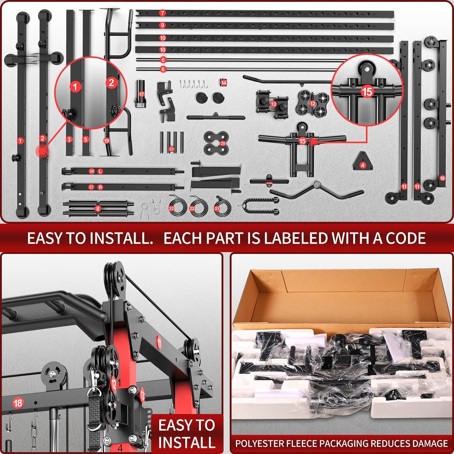 Power Rack Power Cage Multi-Function Squat Rack with Cable Crossover System Selectable More Training Attachment Power Rack for Garage & Home Gym (Red, E Set L02+Weight Bench+（Pole+Cast Iron） 336LBS)
