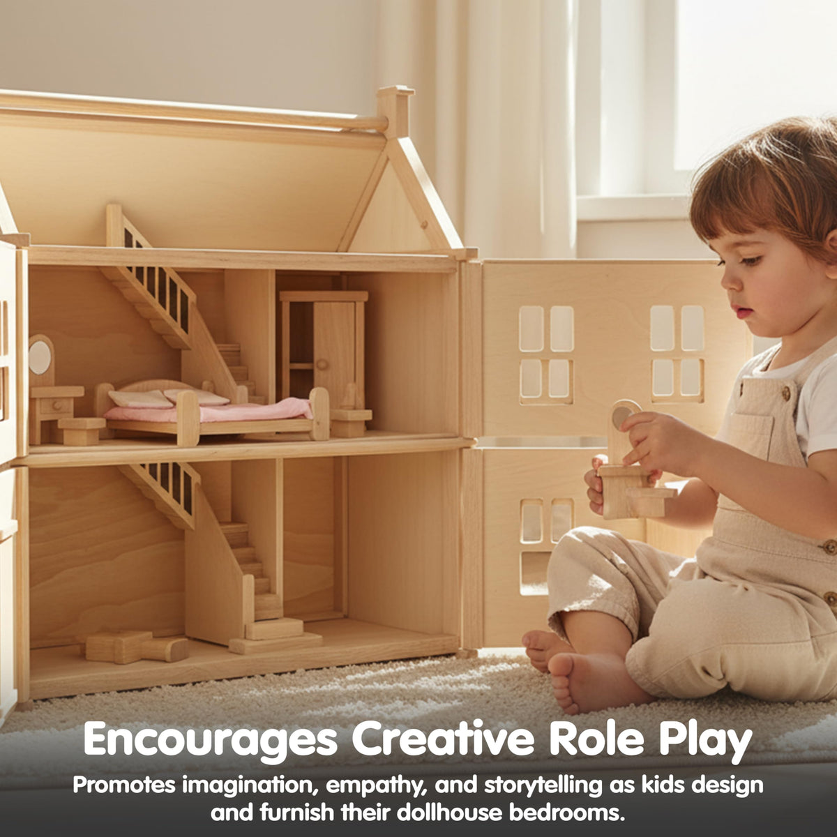 PlanToys® Classic Dollhouse Bedroom Furniture Set | Eco-Friendly Wooden Dollhouse Accessories for Kids | Includes Bed, Closet, Vanity, Chairs & Lamp | Pretend Play Montessori Toy