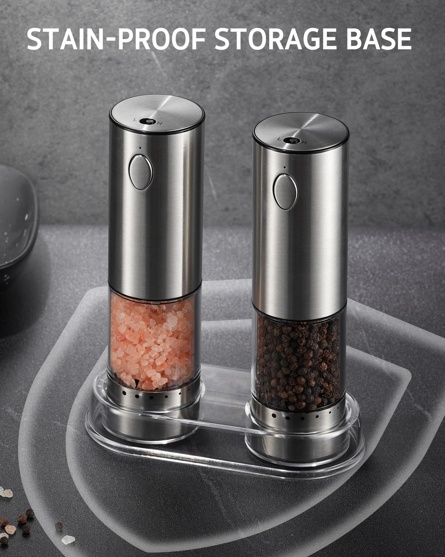 Syntus Electric Salt and Pepper Grinder Set USB-C Rechargeable, Stainless Steel Automatic Salt and Pepper Shakers with 6 Adjustable Coarseness High/Low Grinding Speed 95ML Large Capacity & LED Light
