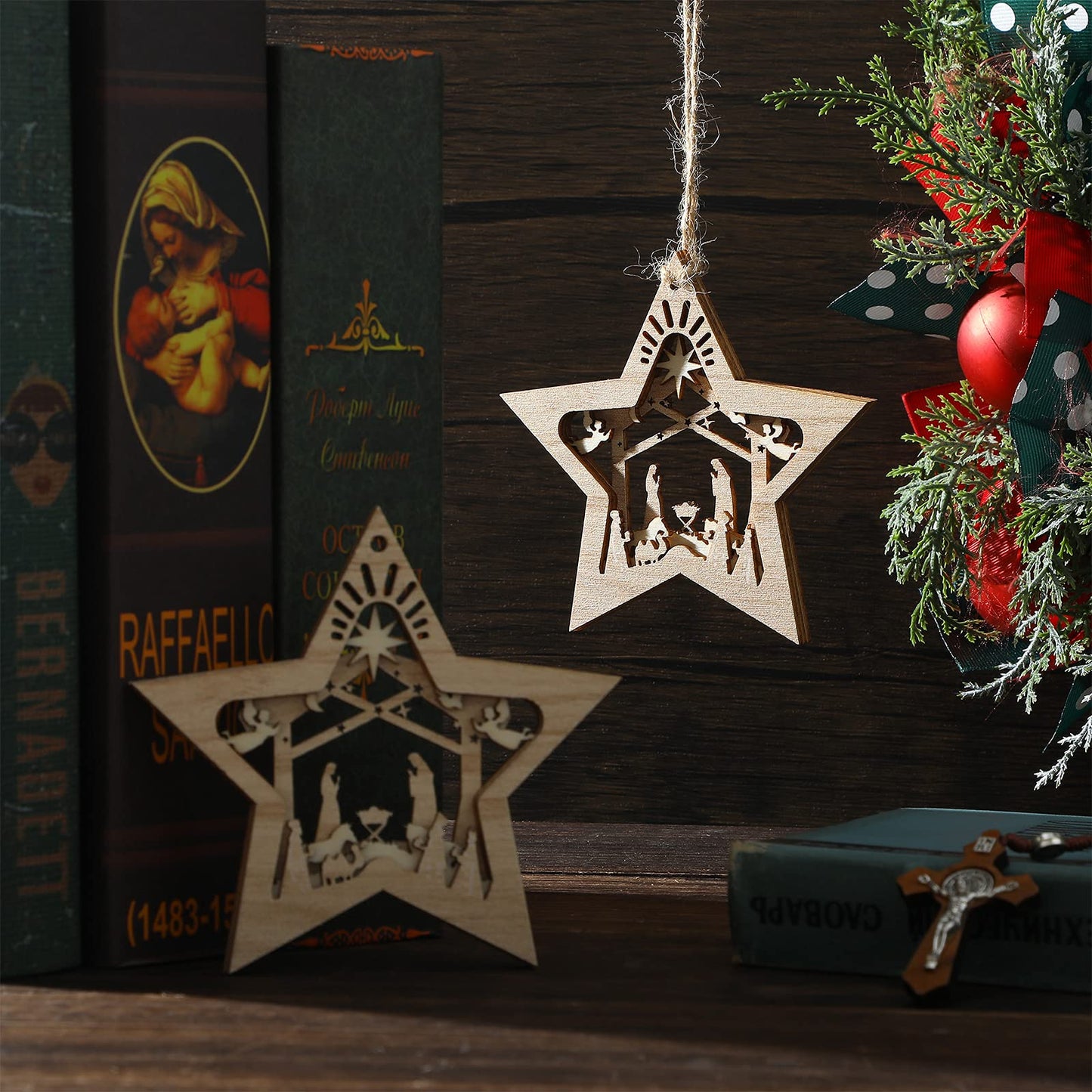 Blulu 12 Pieces Christmas Nativity Scene Ornaments Set Bulk 3D Christian Wooden Hanging Ornament Xmas Tree Nativity Ornaments The Birth of Jesus Story Decor Religious Gift for Family (Star Shaped)