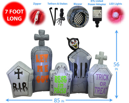 7 Foot Long Halloween Inflatable Tombstones Pathway Scene Haunted House Prop Grim Reaper LED Lights Decor Outdoor Indoor Holiday Decorations, Blow up Lighted Yard Decor, Lawn Inflatables Home Family