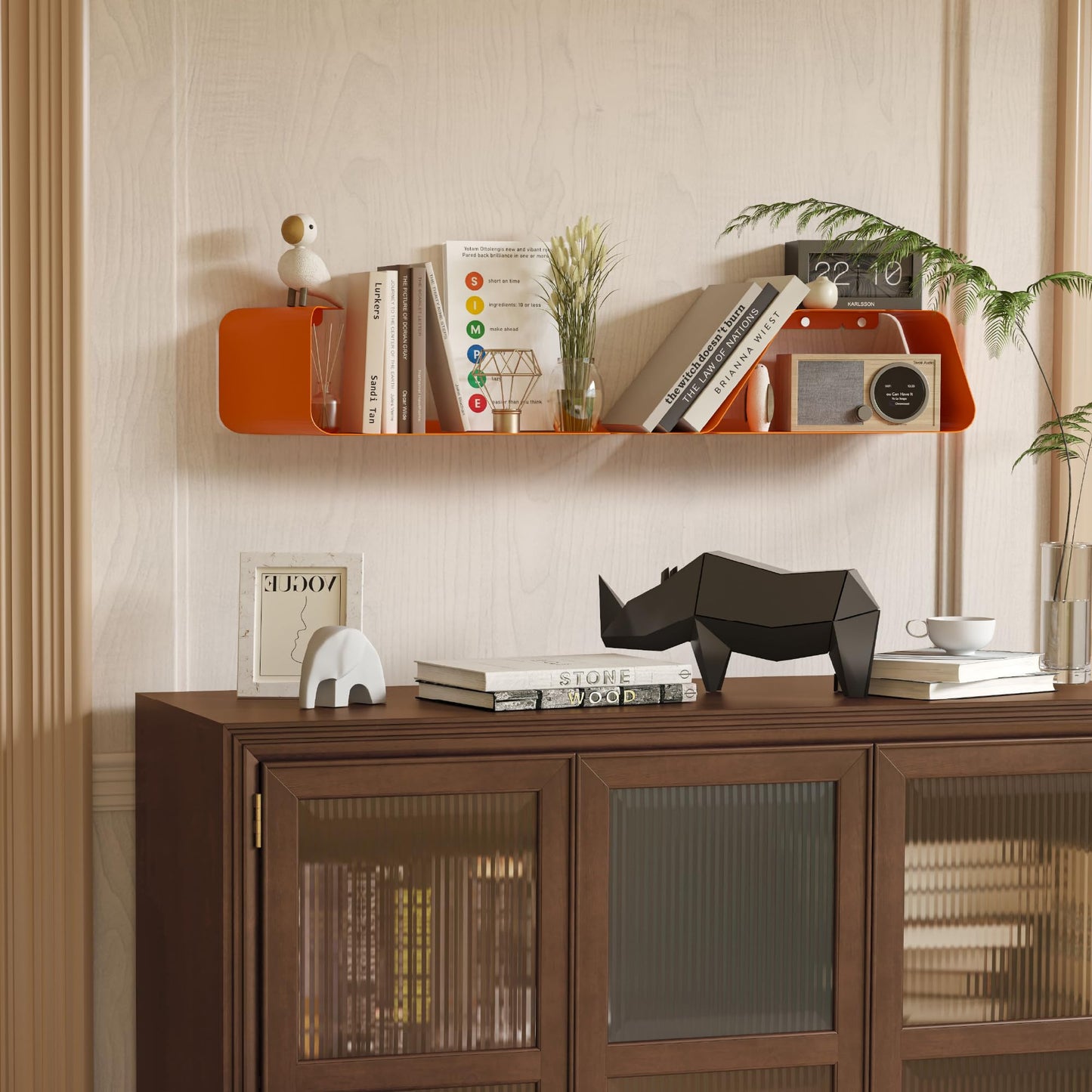 Sttoraboks Floating Wall Shelves Set of 3, Metal Mounted Shelf with Unique Design, Bookshelf for Storage & Display in Bathroom, Bedroom, Kitchen, Living Room, Orange Home Decor