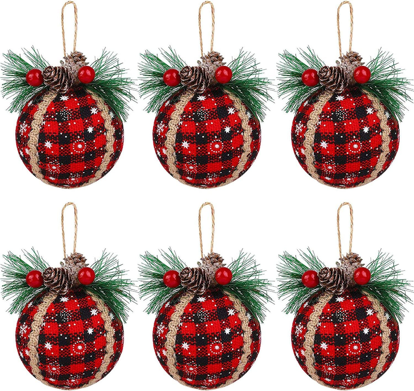 Iceyyyy 6PCS Christmas Plaid Ball Ornaments - 2 Inch Black & Red Buffalo Plaid Fabric Ball Ornaments with Pine Cones and Greenery, Plaid Christmas Tree Hanging Ball Ornaments Festive Decoration
